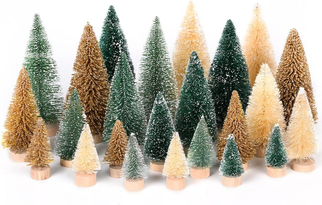 DDHS 24PCS Artificial Mini Christmas Trees, 4-Color Bottle Brush Christmas Tree with Wooden Base, Artificial Frosted Sisal Christmas Tree Furniture Desktop Decoration Winter Crafts Ornaments