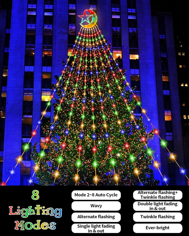 KISPATTI Outdoor Christmas Decoration Lights 23FT 655 LED with Star,Outdoor Christmas Tree Light Multi-Color Christmas Waterfall 8 Modes String Lights s for Yard Patio Holiday Xmas Decorations