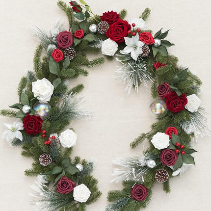 Ling's Moment Flower Garland - 6FT Eucalyptus & Rose - Sweetheart Table Decor for Wedding Reception, Artificial Floral Garland for Mantle, Thanksgiving Decoration, Christmas Red & Sparkle