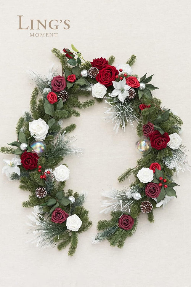 Ling's Moment Flower Garland - 6FT Eucalyptus & Rose - Sweetheart Table Decor for Wedding Reception, Artificial Floral Garland for Mantle, Thanksgiving Decoration, Christmas Red & Sparkle