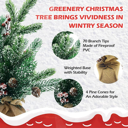 Artificial Mini Christmas Tree, 20" Tabletop Mini Snow Flocked Xmas Pine Tree with Cloth Bag Base & Ornaments for Christmas Holiday Indoor Home Kitchen Dining Table Decoration