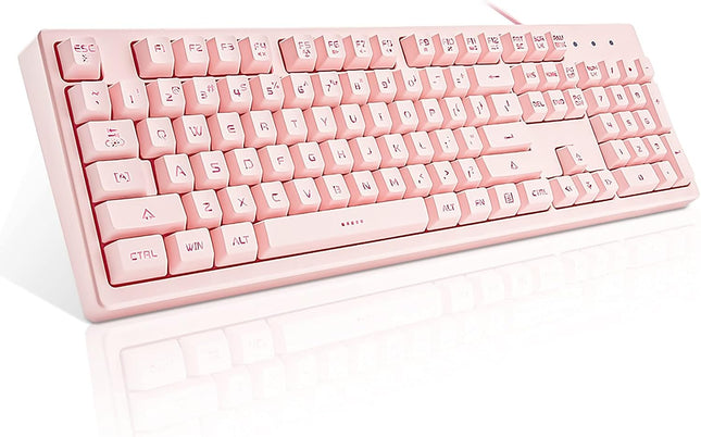 Basaltech Pink Keyboard with 7-Color LED Backlit, 104 Keys Quiet Silent Light Up Keyboard, 19-Key Anti-Ghosting Cheap Gaming Keyboard Mechanical Feeling Waterproof Wired USB for Computer, Mac, Laptop