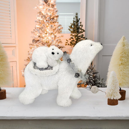 Nature Vibe 12.6 Inches White Faux Fur Polar Bear Christmas Decorations with Garland,Christmas Polar Animal Baby Bear and Mom as Winter Wonderland Decorations, Christmas Home Decor