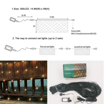 300LED Net Lights, 14.8ft x 5ft 8 Modes Connectable Christmas Outdoor String Mesh Lights, Waterproof Decorative Fairy Lights Plug in for Xmas Tree Bushes Holiday Garden Wedding Party - Warm White