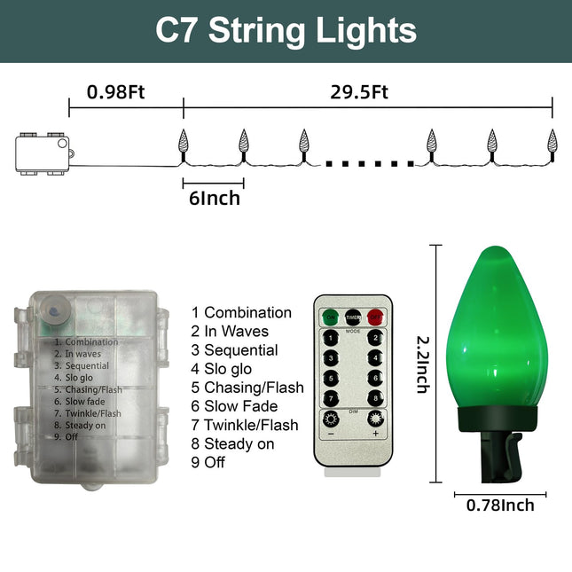 Anycosy Christmas Lights, 29.5 FT 60 LEDs C7 Battery Operated Strings Lights 8 Modes with Auto On/Off Time for Xmas Tree Garland Garden Patio Indoor Outdoor Christmas Decorations
