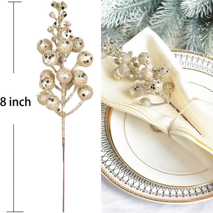 20 Pack Christmas Glitter Berries Stems, 8 Inch Champagne Artificial Christmas Picks for Christmas Tree Ornaments, DIY Xmas Wreath, Crafts, Holiday and Home Decor (Champagne)