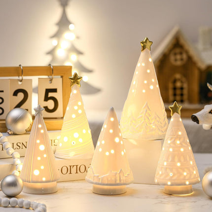 Nuenen 8 Pcs Lighted Ceramic Christmas Tree LED White Decorations Christmas Tree with Lights Winter Porcelain Christmas Village Sets for Tabletop Shelf Mantle Cabinets Office Desktop Decor