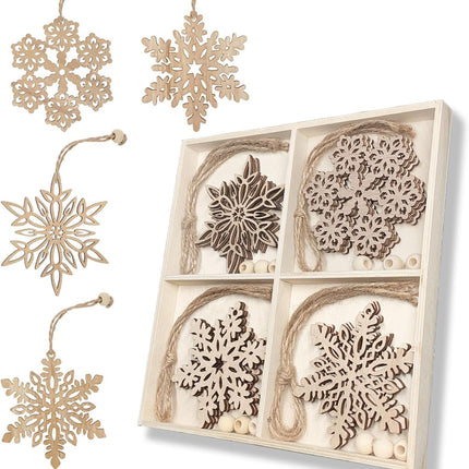 12 Pcs Wooden Snowflakes Ornaments 3 inch Christmas Wood Snowflake Hanging Decorations with Twine, Unfinished Rustic Farmhouse Bulk Cutouts for DIY Painting Xmas Tree Crafts Decor