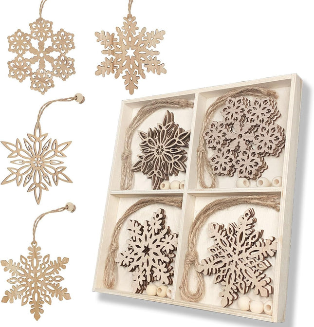 12 Pcs Wooden Snowflakes Ornaments 3 inch Christmas Wood Snowflake Hanging Decorations with Twine, Unfinished Rustic Farmhouse Bulk Cutouts for DIY Painting Xmas Tree Crafts Decor