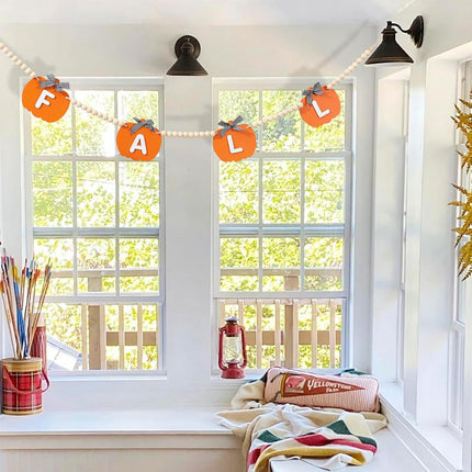 Fall Decor-Wooden Pumpkin Garland Fall Decorations for Home-Thanksgiving Farmhouse Pumpkins Wood Bead Garland Banner for Fireplace Mantel Walls