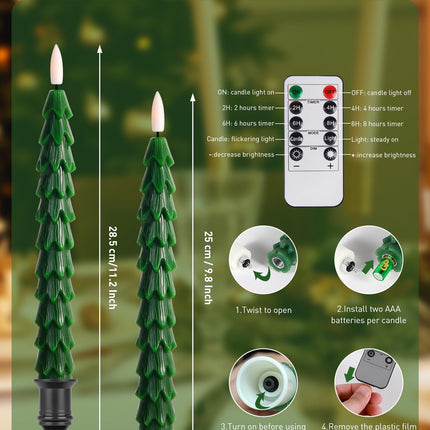 Christmas Tree Candles with Remote, 9.8 Inch Waxy Flameless Taper Candle, 4Pcs LED Battery Operated Window Candlesticks with Holder, 3D Flame Flickering Light with Timer for Christmas Decorations