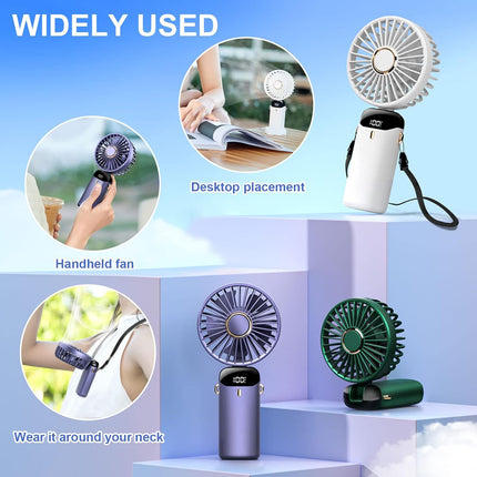 Handheld Fan, Led Power Gear Display Portable Lanyard Fan, 5 Wind Speed Adj Personal Small Desk Fan With Base, Lightweight Makeup