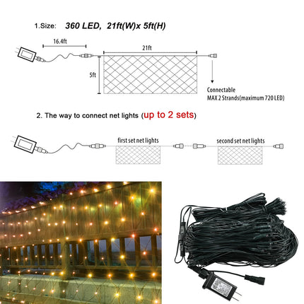 360LED Net Lights, 21ft x 5ft Connectable Christmas Outdoor String Mesh Lights with Memory Function, 8 Modes Waterproof Fairy Lights Plug in for Xmas Tree Bushes Garden Holiday Party - Warm White