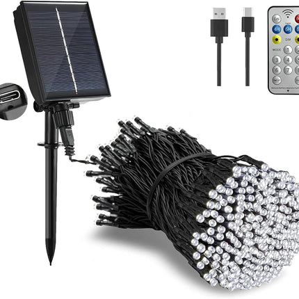 Solar Christmas Lights Outdoor - 65Ft/20m 200 LED Solar Powered String Lights, USB Charging, Remote, 8 Modes Waterproof Lights for Garden, Yard, Tree Decor - Cool White