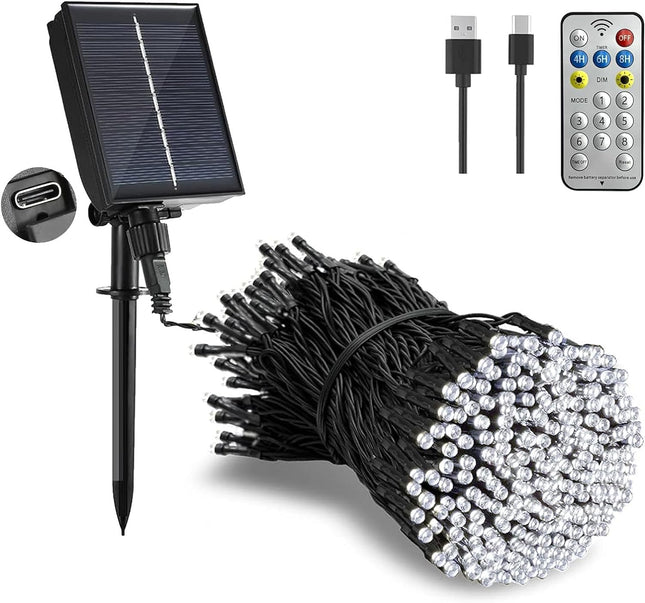 Solar Christmas Lights Outdoor - 65Ft/20m 200 LED Solar Powered String Lights, USB Charging, Remote, 8 Modes Waterproof Lights for Garden, Yard, Tree Decor - Cool White