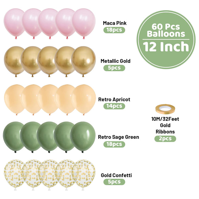 Pink and Green Balloon, 60PCS Sage Green Party Balloon, 12Inch Olive Pastel Pink Balloons Metallic Gold Confetti Balloons for Baby Shower Wedding Jungle Cactus Birthday Party Decoration