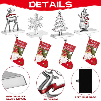 4 Pack Snowflake Christmas Stocking Holder Set for Mantle Christmas Decorations Holiday Mantle Fireplace Topper - Snowflake Snowman Reindeer and Christmas Tree Hangers Decorative Metal Hanger