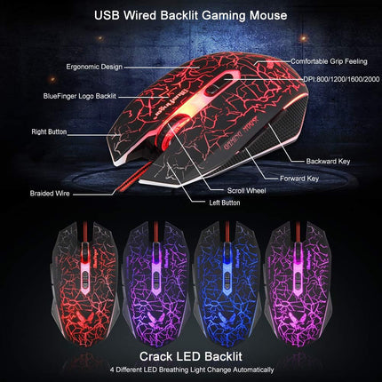 Gaming Keyboard Mouse Headset Combo,USB Wired Crack Backlit Keyboard,114 Keys Letters Glow LED Keyboard,Red LED Light Headset for Laptop PC Computer Work and Game