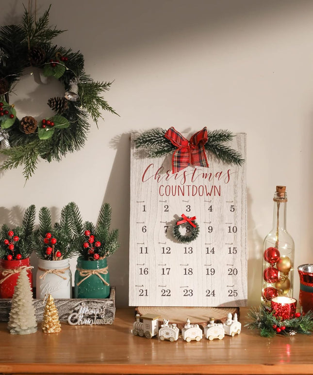 Christmas Countdown Calendar, Farmhouse Christmas Wreath Calendar, Vintage Advance Count Down to Christmas Sign, Xmas Wooden Hanging Decor for Wall Holiday (White)