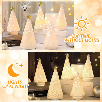 Nuenen 8 Pcs Lighted Ceramic Christmas Tree LED White Decorations Christmas Tree with Lights Winter Porcelain Christmas Village Sets for Tabletop Shelf Mantle Cabinets Office Desktop Decor