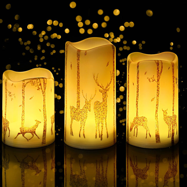 VIHOSE 3 Pcs Christmas Flameless Candles Decor Realistic Flickering Candle Battery Operated Real Wax LED Pillar Candles with Gold Deer Decal Warm Light for Christmas Home Decor