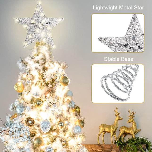 YAUNGEL Christmas Tree Topper, Star Tree Topper with 40 LED and Remote Control Battery Operated Warm Lights Treetop Christmas Decorations, Indoor Home Decor, 10IN Silver