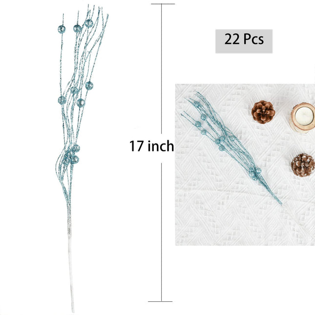 Lvydec 22pcs Christmas Glitter Berries Stems, 17" Artificial Christmas Picks for Christmas Tree Ornaments, DIY Xmas Wreath, Crafts, Holiday and Home Decor (Blue)