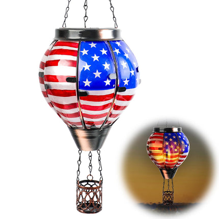 Hot Air Balloon Solar Lantern Hanging Outdoor Solar Lantern with Flickering Flame for Decorative Garden Patio Yard Party Decor for Birthday Halloween Christmas - American Flag