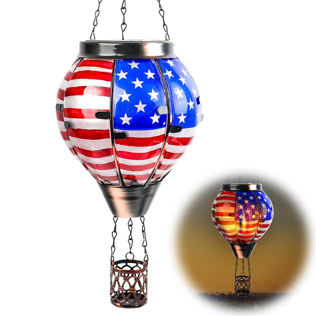 Hot Air Balloon Solar Lantern Hanging Outdoor Solar Lantern with Flickering Flame for Decorative Garden Patio Yard Party Decor for Birthday Halloween Christmas - American Flag