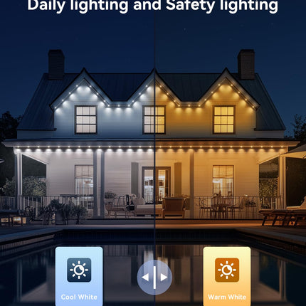 Permanent Outdoor Lights, 180ft with 132 LED Smart RGB+Warm White Eave Lights with 44 Scene Modes, IP67 Waterproof for Halloween, Christmas, Holidays, Works with App, Alexa, Google Home