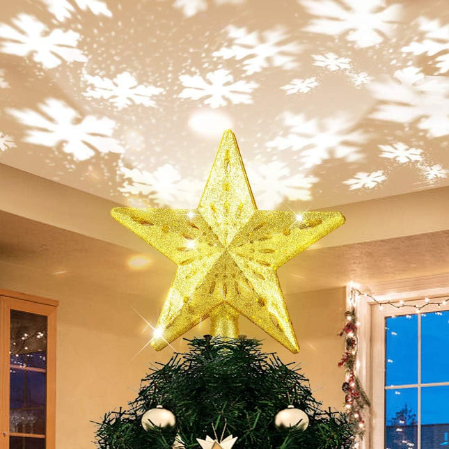 Yostyle Christmas Tree Topper Lighted Star Tree Topper with LED Rotating Star Projector Lights,3D Hollow Golden Star Tree Topper for Xmas Tree Decorations