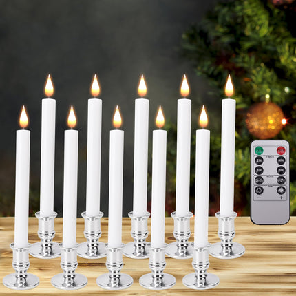 LED Flameless Window Candles with Remote Timer 10 PCS Battery Operated Flickering Taper Candle Lights with Removable Sliver Candle Holders Best for Xmas Wedding Home Dinner Décor