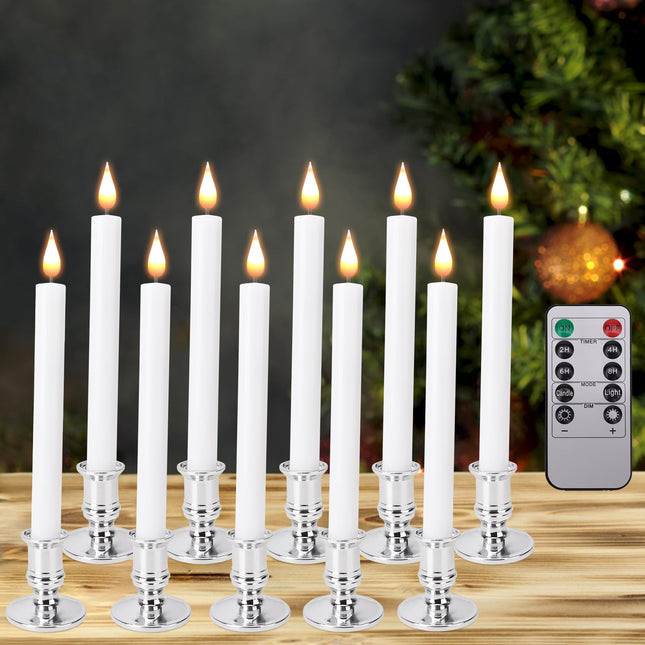 LED Flameless Window Candles with Remote Timer 10 PCS Battery Operated Flickering Taper Candle Lights with Removable Sliver Candle Holders Best for Xmas Wedding Home Dinner Décor