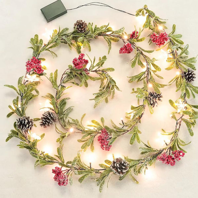 9ft Snowy Olive Christmas Garland with Lights, Pines and Stars,Battery Operated Garland with Timer, Christmas Garlands for Fireplace,StairRailing,Indoor, Outdoor Decor