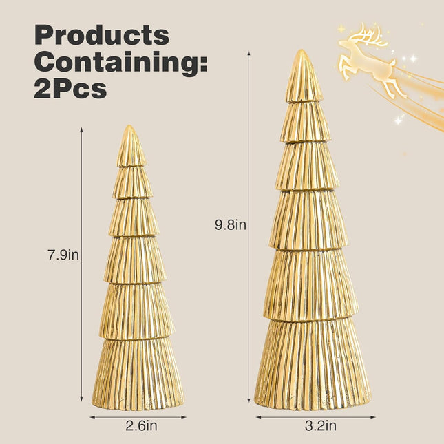 Christmas Tree Figurine, Table Top Small Gold Christmas Decorative Statues, Set of 2 Desk Centerpieces for Neutral Christmas Decor, Modern Mantle Christmas Decorations,