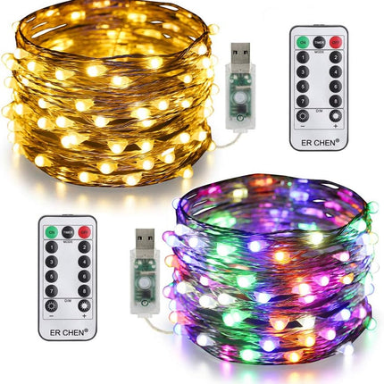 ER CHEN 2 Pack Dimmable USB String Lights, 33ft 100 LED Warm White & Multi-Color Changing Fairy Lights with Remote&Timer, 8 Modes Silver Coated Copper Wire Lights for Bedroom, Patio, Party