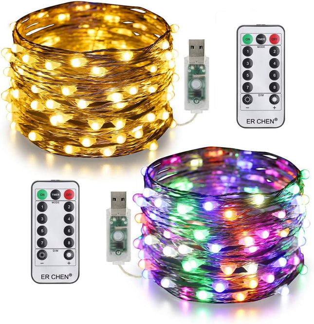ER CHEN 2 Pack Dimmable USB String Lights, 33ft 100 LED Warm White & Multi-Color Changing Fairy Lights with Remote&Timer, 8 Modes Silver Coated Copper Wire Lights for Bedroom, Patio, Party