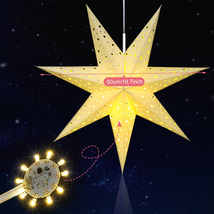 Christmas Star Paper Lantern 7 Pointed Star Paper Lantern with 10 LED Light String Hanging Pendant Lampshade Ornament for Weddings Holiday Birthday Home Decor 19.7 Inch(Classic,White)