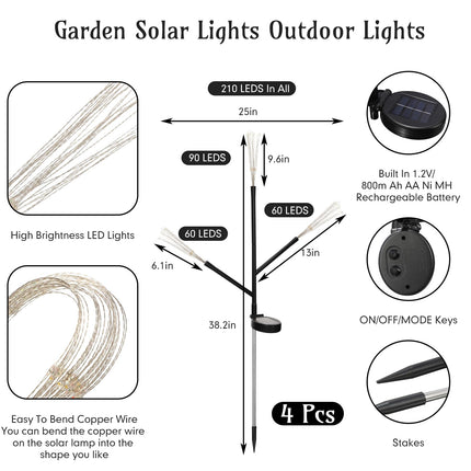 6 Pcs Solar Garden Fireworks Lights Outdoor 210 LED 18 Fireworks 3 Head Design Solar Lights Waterproof Solar Powered Christmas Firework Lights for Garden Yard Pathway Patio Decoration