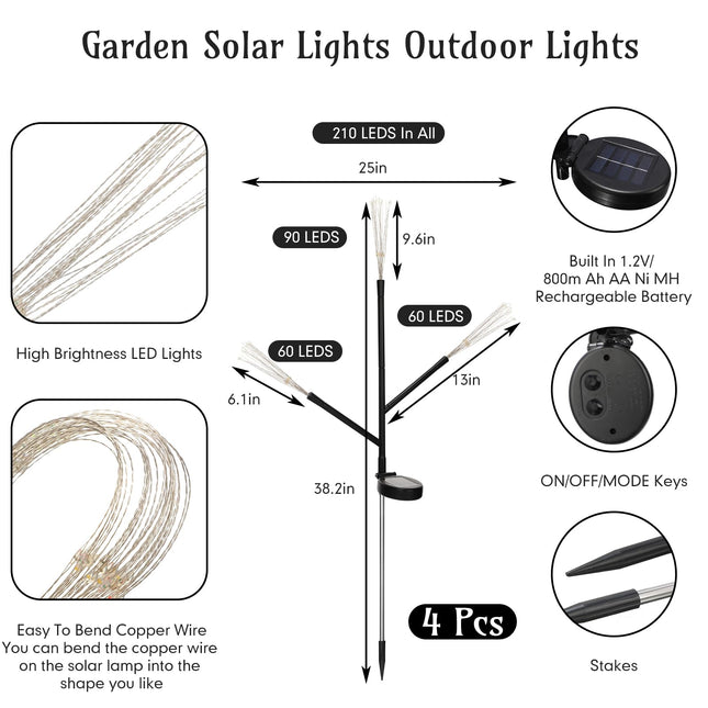 6 Pcs Solar Garden Fireworks Lights Outdoor 210 LED 18 Fireworks 3 Head Design Solar Lights Waterproof Solar Powered Christmas Firework Lights for Garden Yard Pathway Patio Decoration