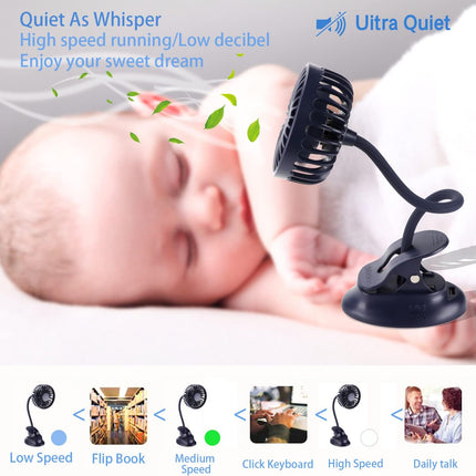 Clip On Small Mini Fan, Portable Usb Battery Operated Rechargeable Quiet Personal Desk/ Baby Stroller Fan 3 Speeds Flexible Neck