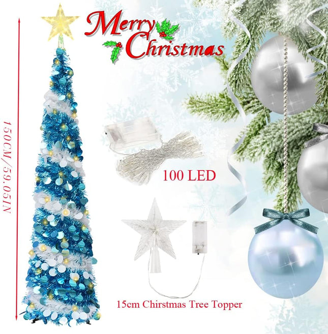 Pop-Up Artificial Christmas Tree, Collapsible Pencil Christmas Trees with 100LED Lights and Topper Star for Holiday Carnival Party Christmas Decorations (Blue)