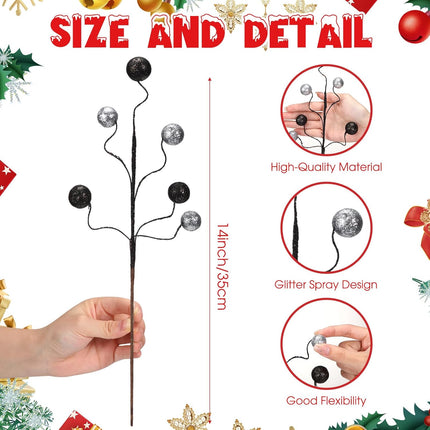Hiboom 30 Pcs Christmas Glitter Ball Picks 14 Inch Artificial Curly Spray Ball Sticks Decorative Stem Picks for Holiday Wedding Vase Fillers Xmas Tree Topper DIY Wreath Crafts Decor (Black and Silver)