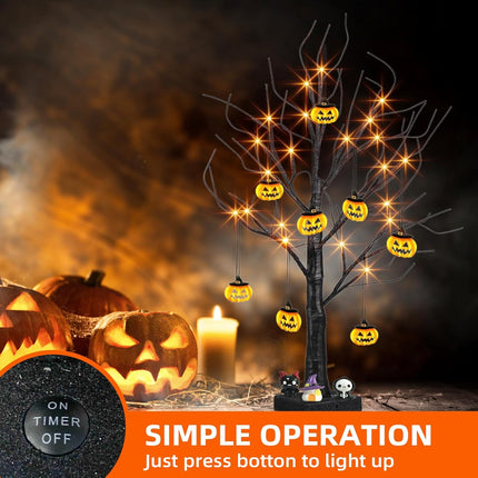 EAMBRITE Halloween Tree, 2FT Black Spooky Tree with 24 LED Orange Lights 8 Pumpkin, Battery Operated Small Tabletop Black Tree with Timer for Indoor Centerpiece Decorations Christmas Home Fireplace