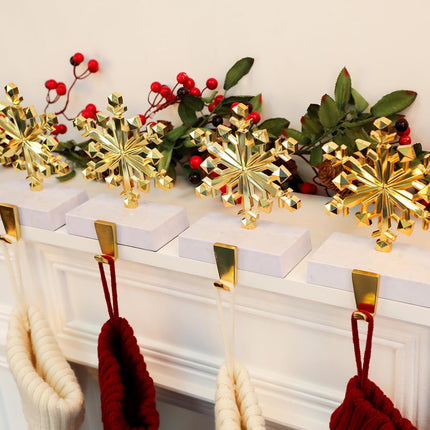 Snowflake Christmas Stocking Holders Set of 4 Gold, Xmas Stocking Holders for Mantle, Mantel Fireplace Topper Stand Hooks, Stockings Hangers