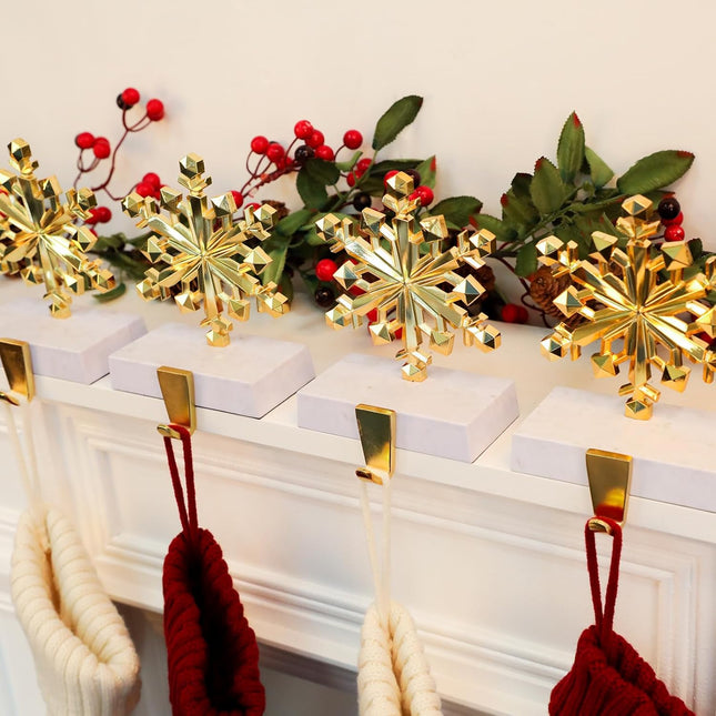 Snowflake Christmas Stocking Holders Set of 4 Gold, Xmas Stocking Holders for Mantle, Mantel Fireplace Topper Stand Hooks, Stockings Hangers