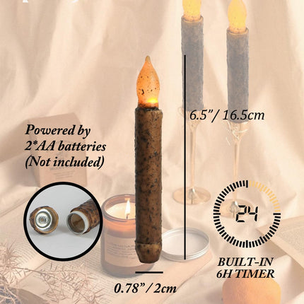 Taper Primitive Candles with Timer 6pcs Real Wax Hand Dipped Battery Operated Flameless Candles for Christmas Halloween Home Decor Church