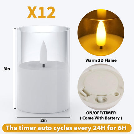 12Pack Flickering Flameless Candles with Timer, LED Candles Battery Powered, Small Flameless Pillar Candles, Votive Candles Battery Operated for Wedding Party Centerpieces Table [Clear, 2"X3"]