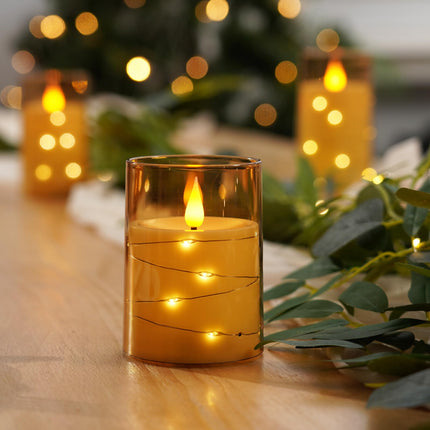 Amagic Flameless Candles 3 Set, Flickering Battery Operated Candles Embedded Fairy String Light, Realistic Pillar Candle with Remote Control and Timer, Acrylic Amber Gold, D3 x H4 5" 6"