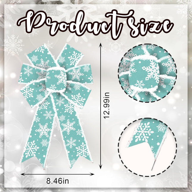 2PCS Christmas Bow for Wreath, Velvet Green Blue Snowflake Wreath Bow for Christmas Décor Winter Snowflake Bow for Front Door Indoor Outdoor Wall Tree Topper Decoration Supplies Ornament